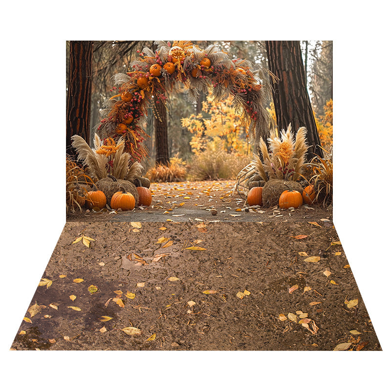 Toile de Fond de Roseaux Séchés dans la Forêt Automnale + Sol de Feuilles et de Terre RR8-533