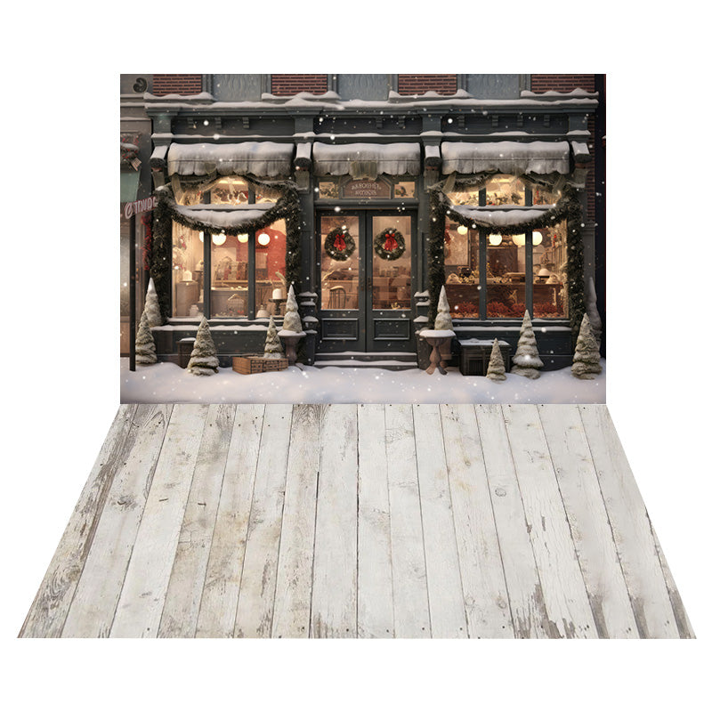 Toile de Fond de Vitrine Enneigée de Noël + Sol en Bois Rétro RR8-567