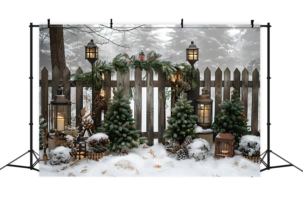 Toile de fond Sapins de Noël Lumières Barrière en Bois RR8-6