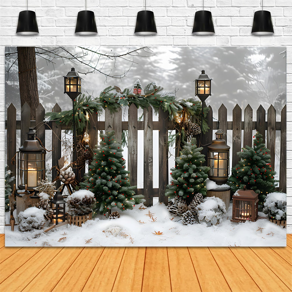 Toile de fond Sapins de Noël Lumières Barrière en Bois RR8-6