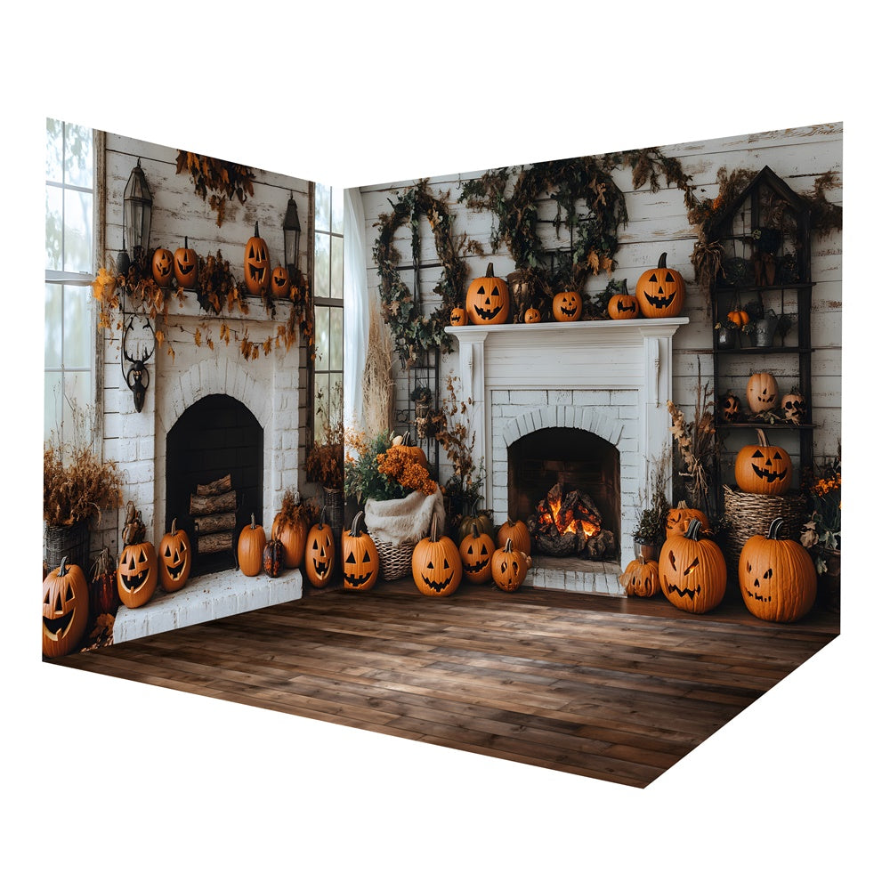 Ensemble de chambre avec cheminée blanche et citrouilles courbées d'automne RR8-659