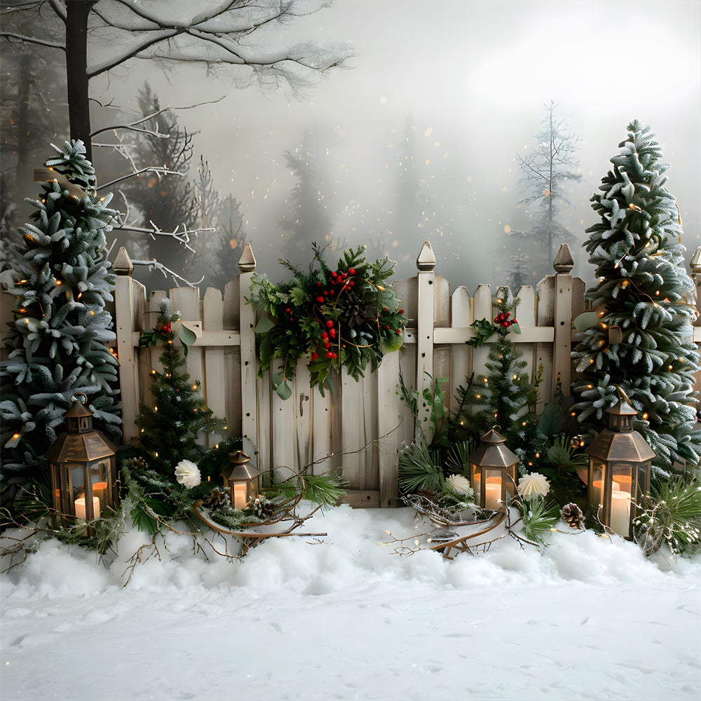 Toile de fond Hivernale Neige Sapins Barrière RR8-8