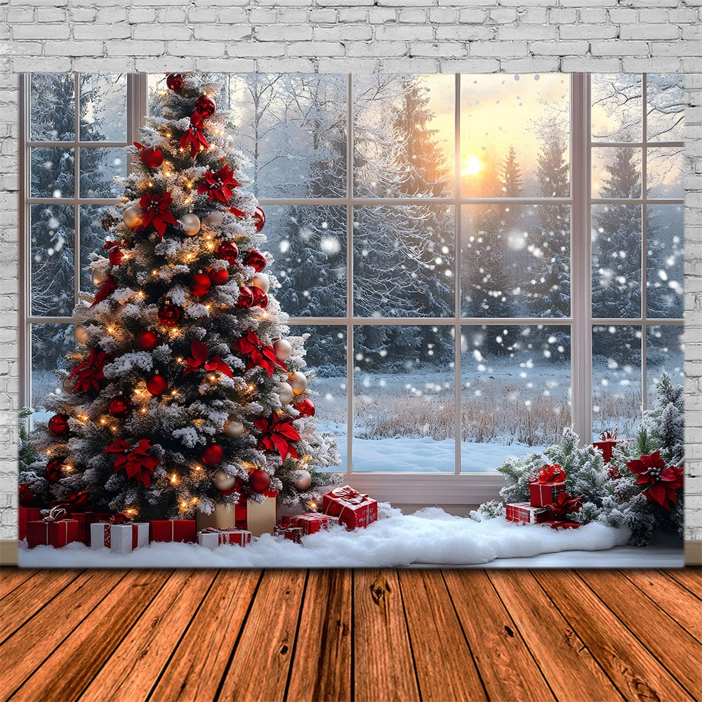 Toile de fond Fenêtre Sapins Forêt Enneigée de Noël RR8-82