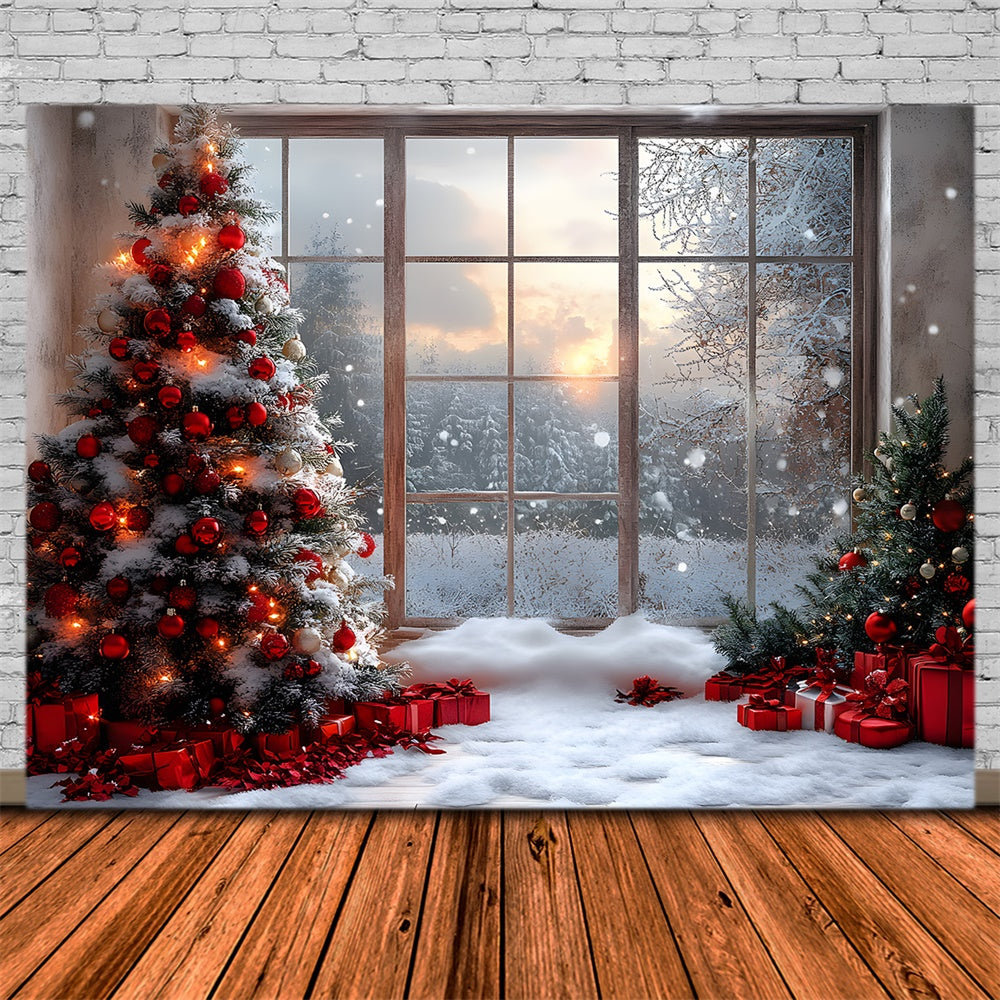 Toile de fond Fenêtre Vue Forêt Enneigée de Noël RR8-83