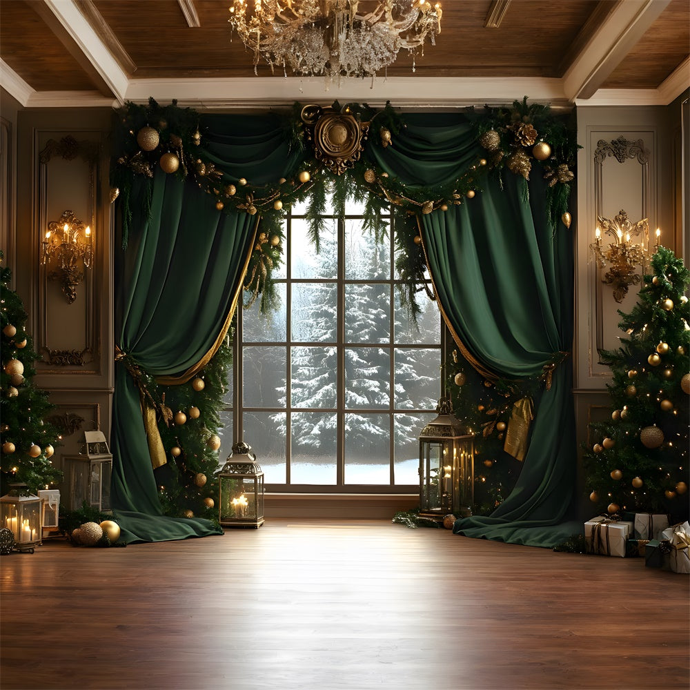 Toile de fond Fenêtre Guirlande et Sapins Enneigés de Noël RR8-87