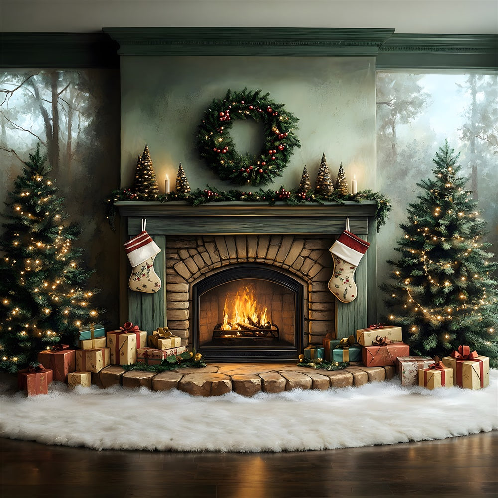 Toile de fond Sapins Couronne Cheminée de Noël RR8-96