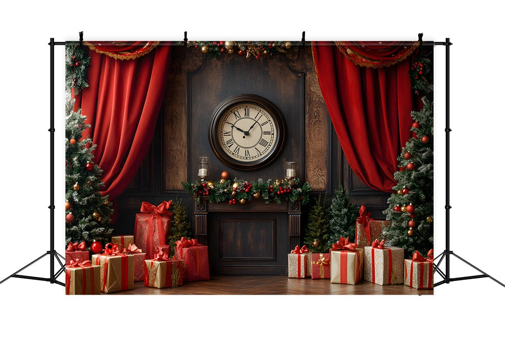 Toile de fond Horloge vintage avec rideaux et sapins de Noël RR9-52