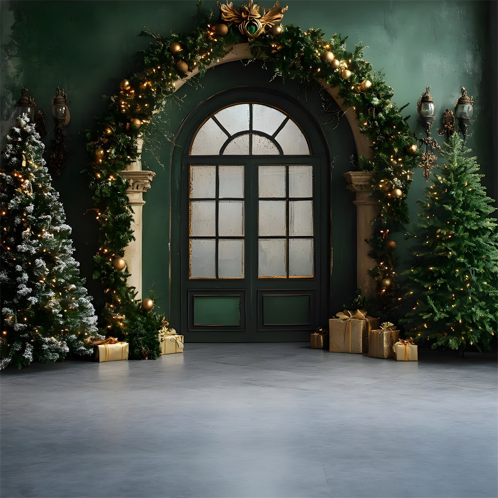 Toile de fond Salle vintage avec mur vert et porte pour Noël RR9-80