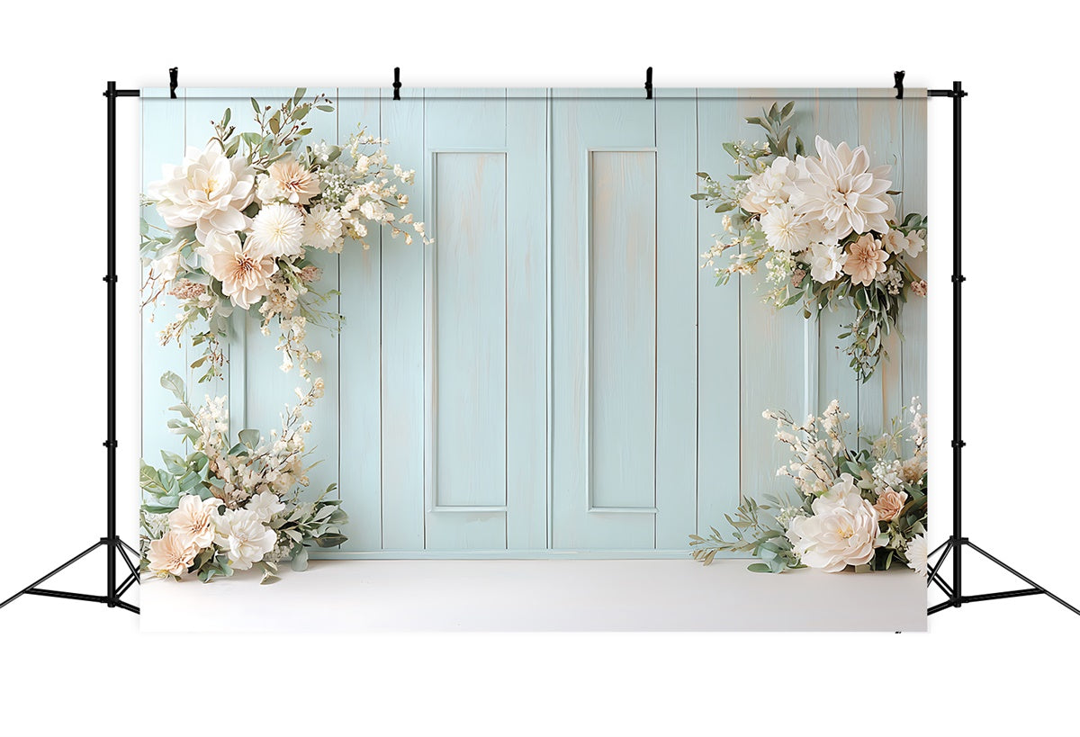 Fond Photo Printemps Arche Florale Mur Bleu TWW2-26