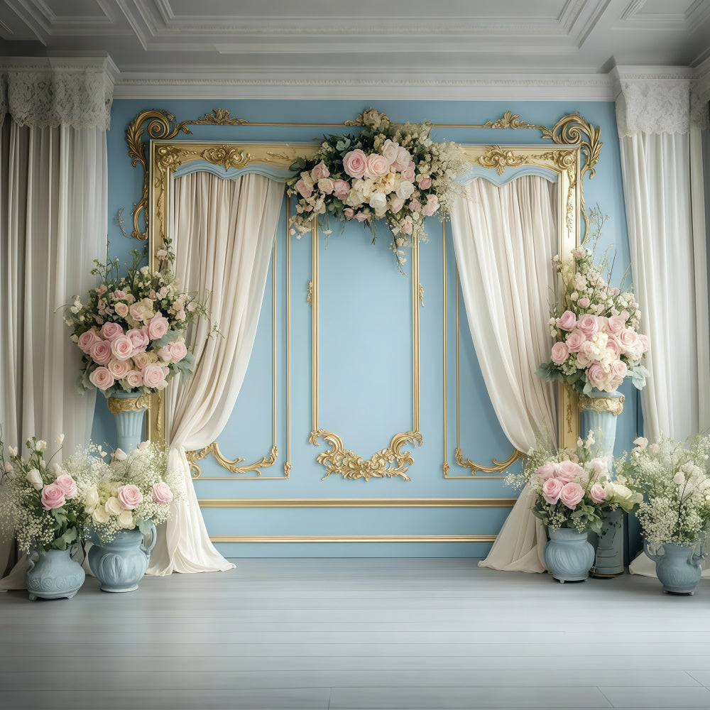 Fond Photo Printemps Cadre Doré Fleurs Romantiques TWW2-28