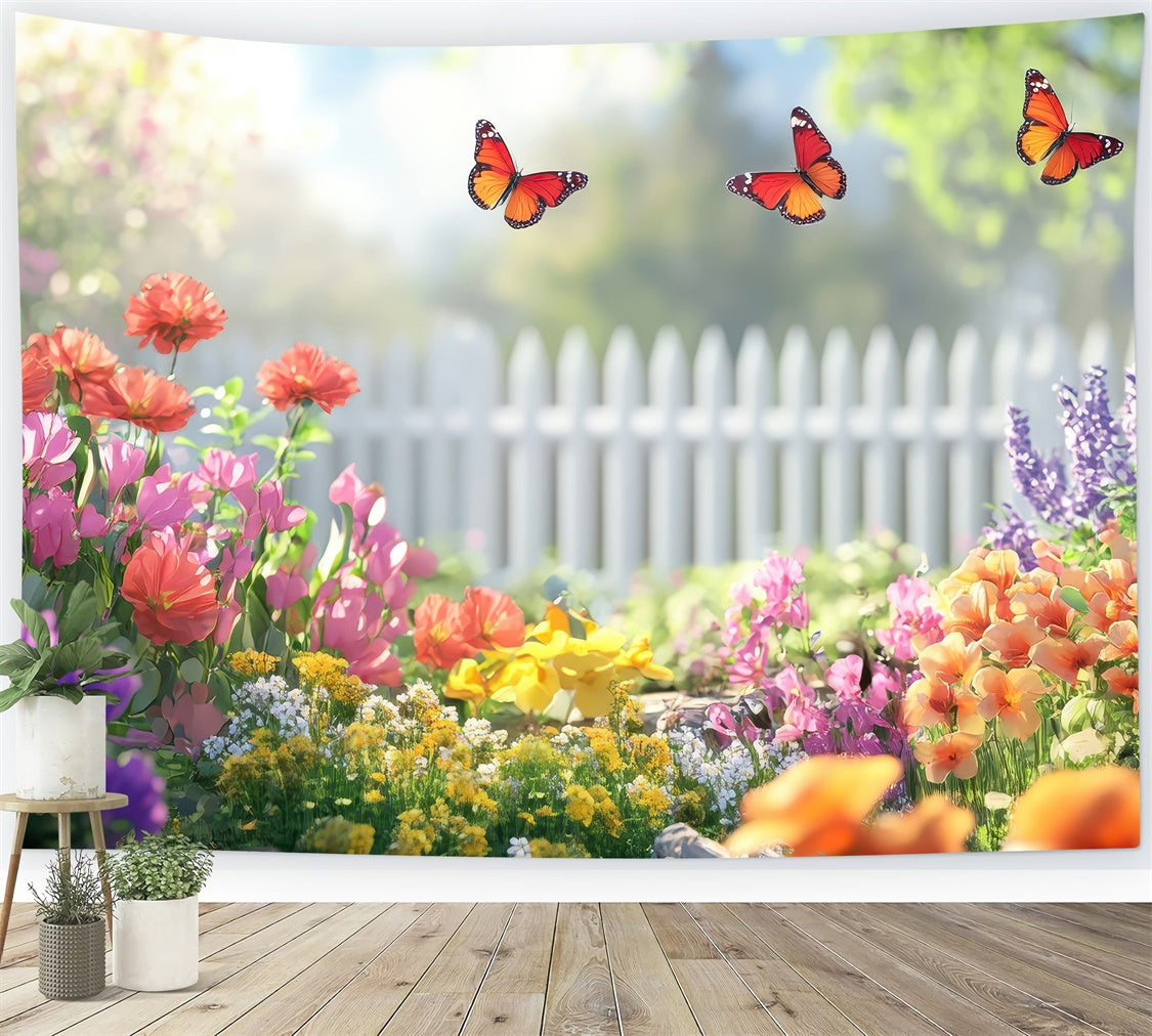 Fond Photo Printemps Jardin de Papillons Clôture Blanche TWW2-34