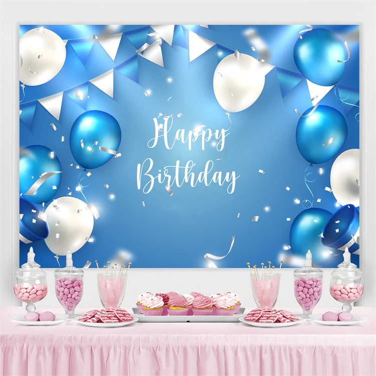 Toile de fond Anniversaire Personnalisable Fête Ballons Bleu et Blanc TWW3-67