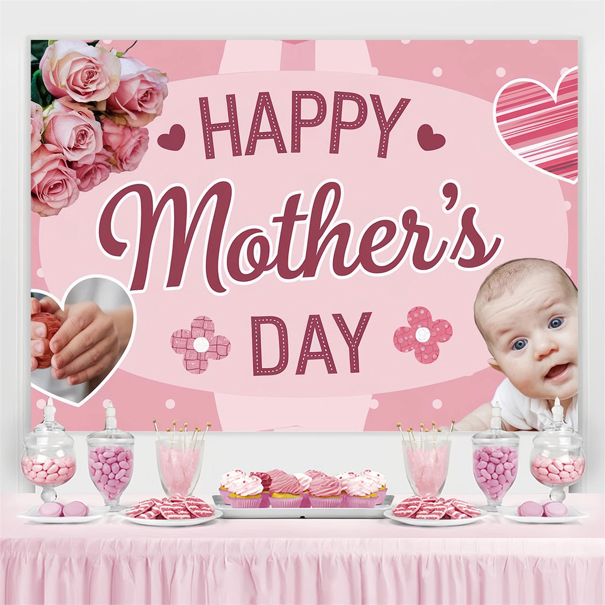 Toile de fond Fête des Mères Bébé Amour Roses Roses Personnalisée TWW4-11