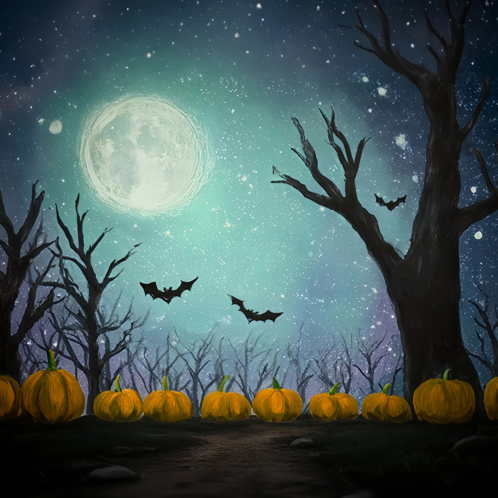 Fond Halloween Lune Chauves-souris Citrouilles Clair de lune étoilé Fonds photo Halloween TWW510-17