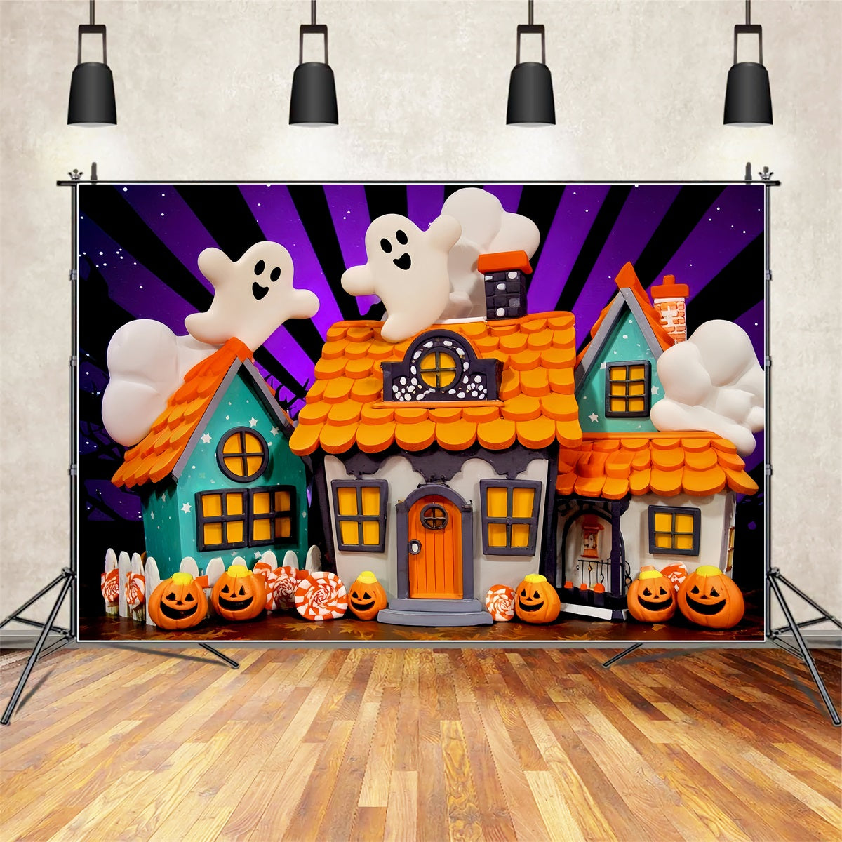Fond manoir hanté Fantôme mignon Maisons en bonbons Fond photographique Halloween TWW510-19