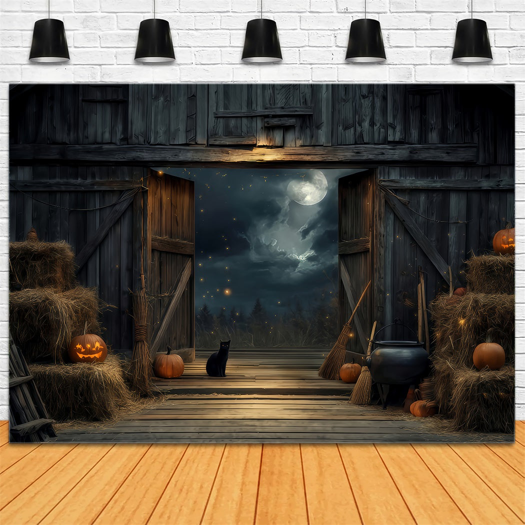 Fond couleur Halloween Chat noir Grange Clair de lune Fond Halloween TWW510-21