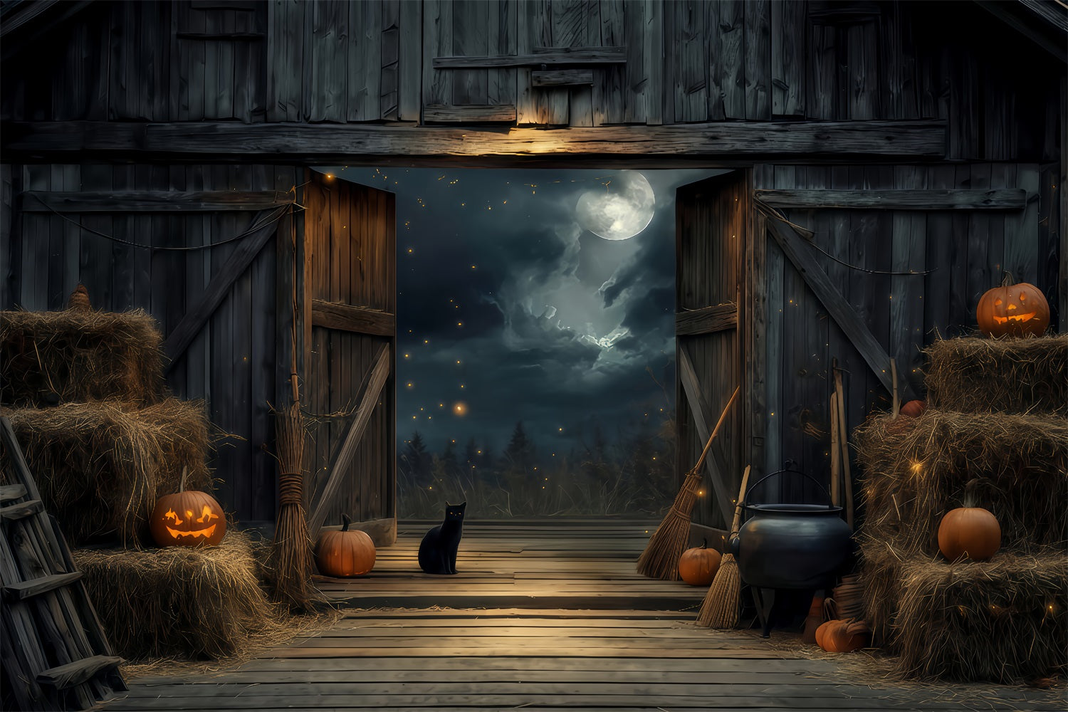 Fond couleur Halloween Chat noir Grange Clair de lune Fond Halloween TWW510-21