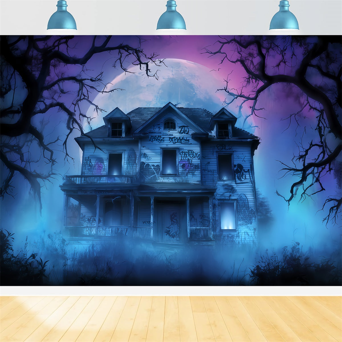 Fond manoir hanté Maison abandonnée Brume nocturne Fond Halloween pour photos TWW510-24