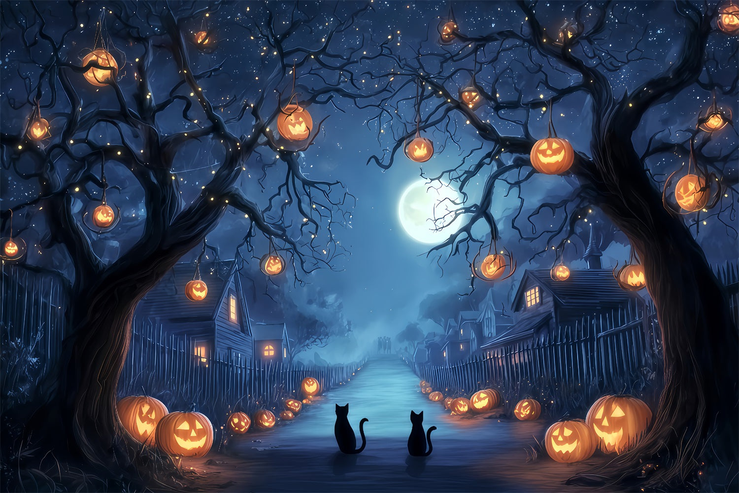 Toile de fond colorée d'Halloween Allée de citrouilles Chats de minuit Toile de fond effrayante d'Halloween TWW510-38