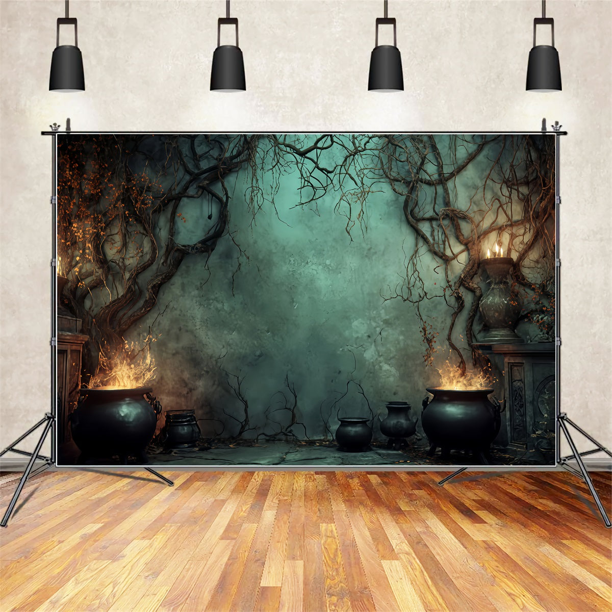 Fond pour Halloween Chaudron de sorcière Flammes de bougies Fonds effrayants pour Halloween TWW510-40
