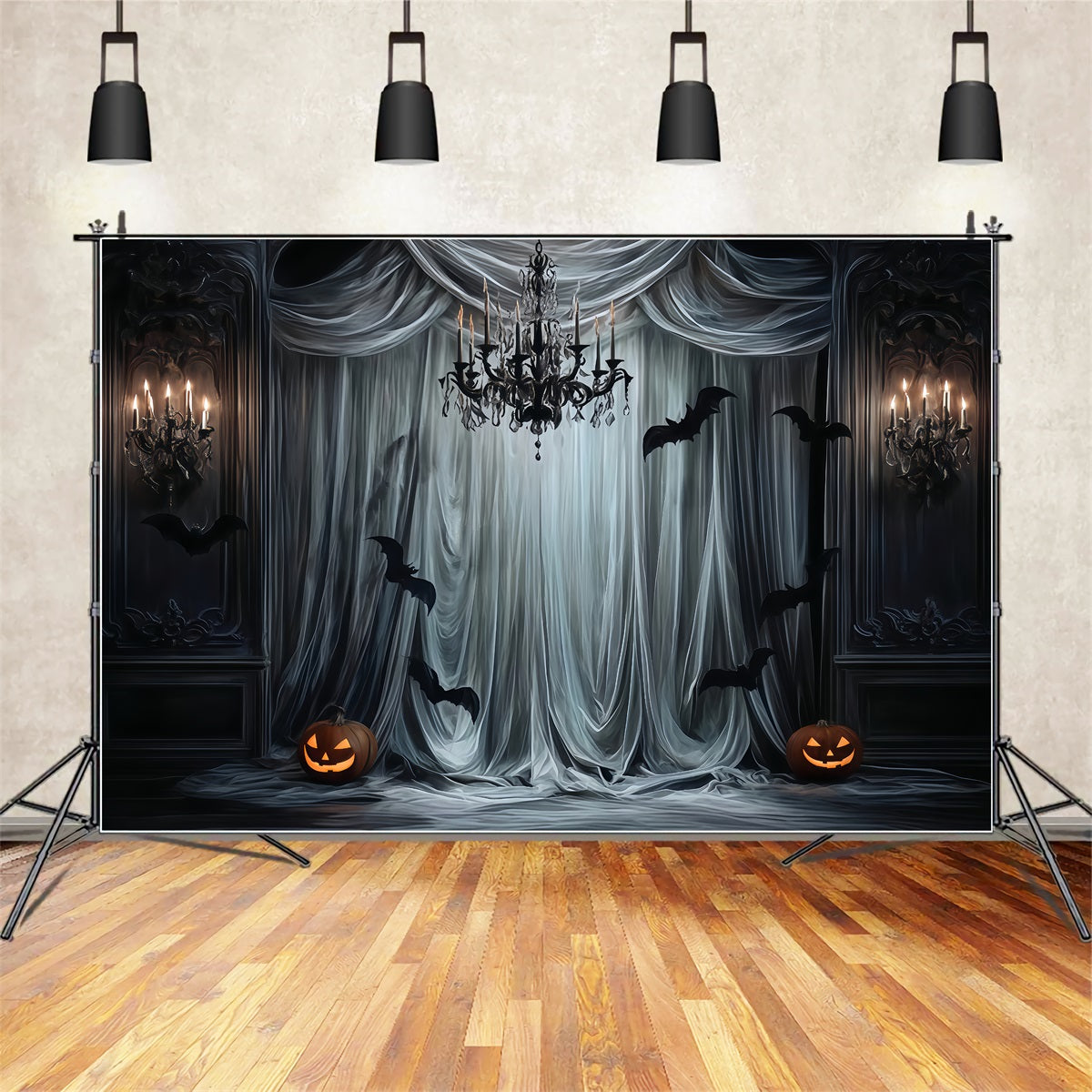 Fond coloré d'Halloween Rideaux gothiques Chauves-souris lumineuses Fond d'Halloween pour photos TWW510-44