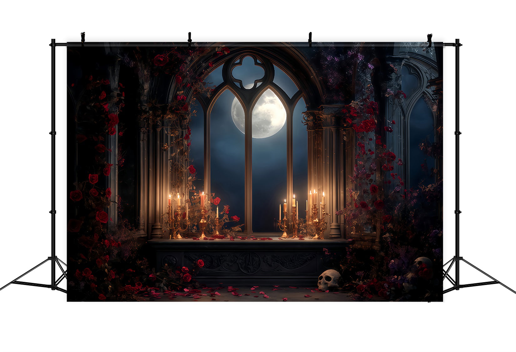 Toiles de fond effrayantes pour Halloween, autel gothique éclairé par la lune, bougies, toiles de fond pour photos d'Halloween TWW510-47