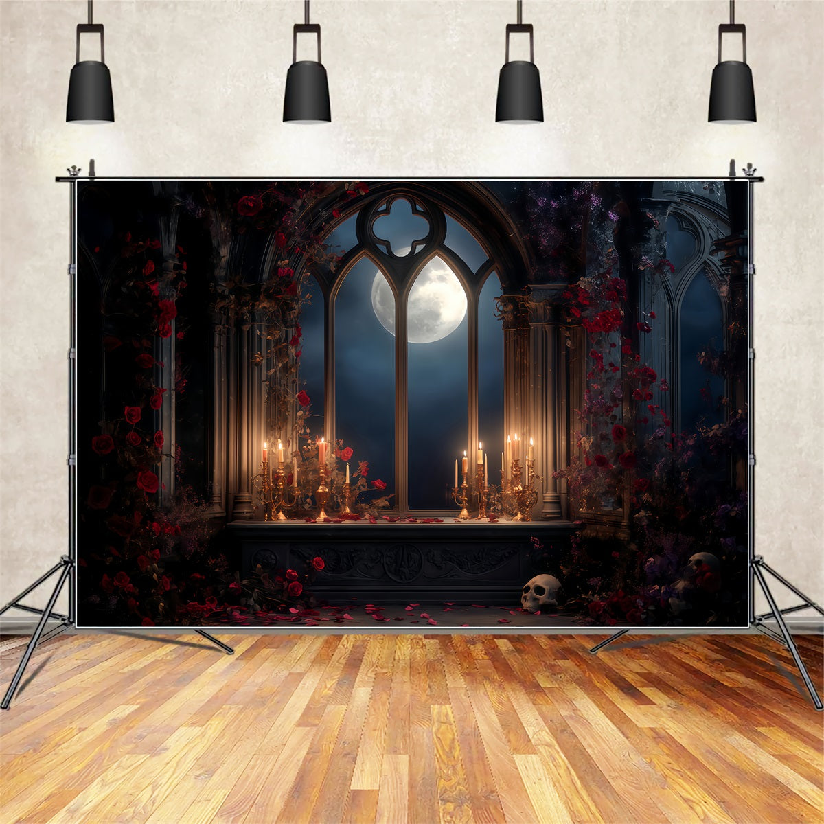 Toiles de fond effrayantes pour Halloween, autel gothique éclairé par la lune, bougies, toiles de fond pour photos d'Halloween TWW510-47