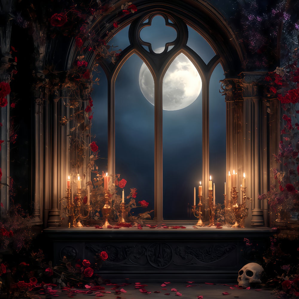 Toiles de fond effrayantes pour Halloween, autel gothique éclairé par la lune, bougies, toiles de fond pour photos d'Halloween TWW510-47
