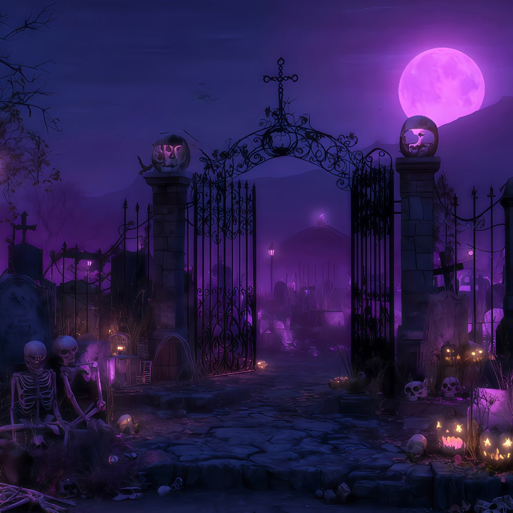 Toile de fond fantôme pour Halloween, lune violette, porte de cimetière, toile de fond pour photos d'Halloween TWW510-49