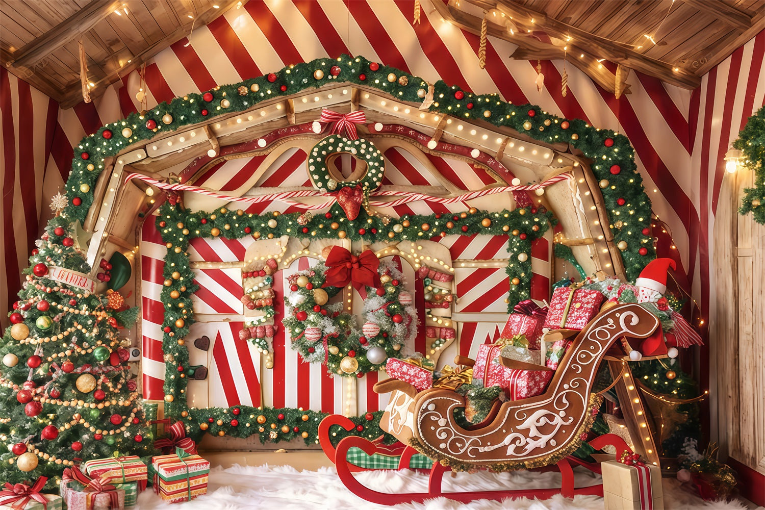 Fond de pain d'épices Traîneau à la menthe poivrée Salle des cadeaux Fond photo de Noël TWW510-52