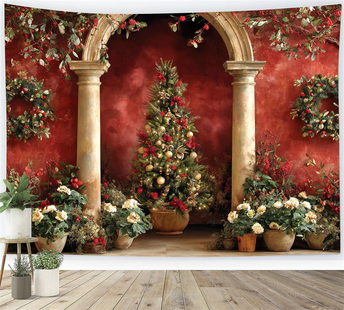 Fond Arbre de Noël Arche rouge Jardin élégant Fonds photo de Noël TWW510-59