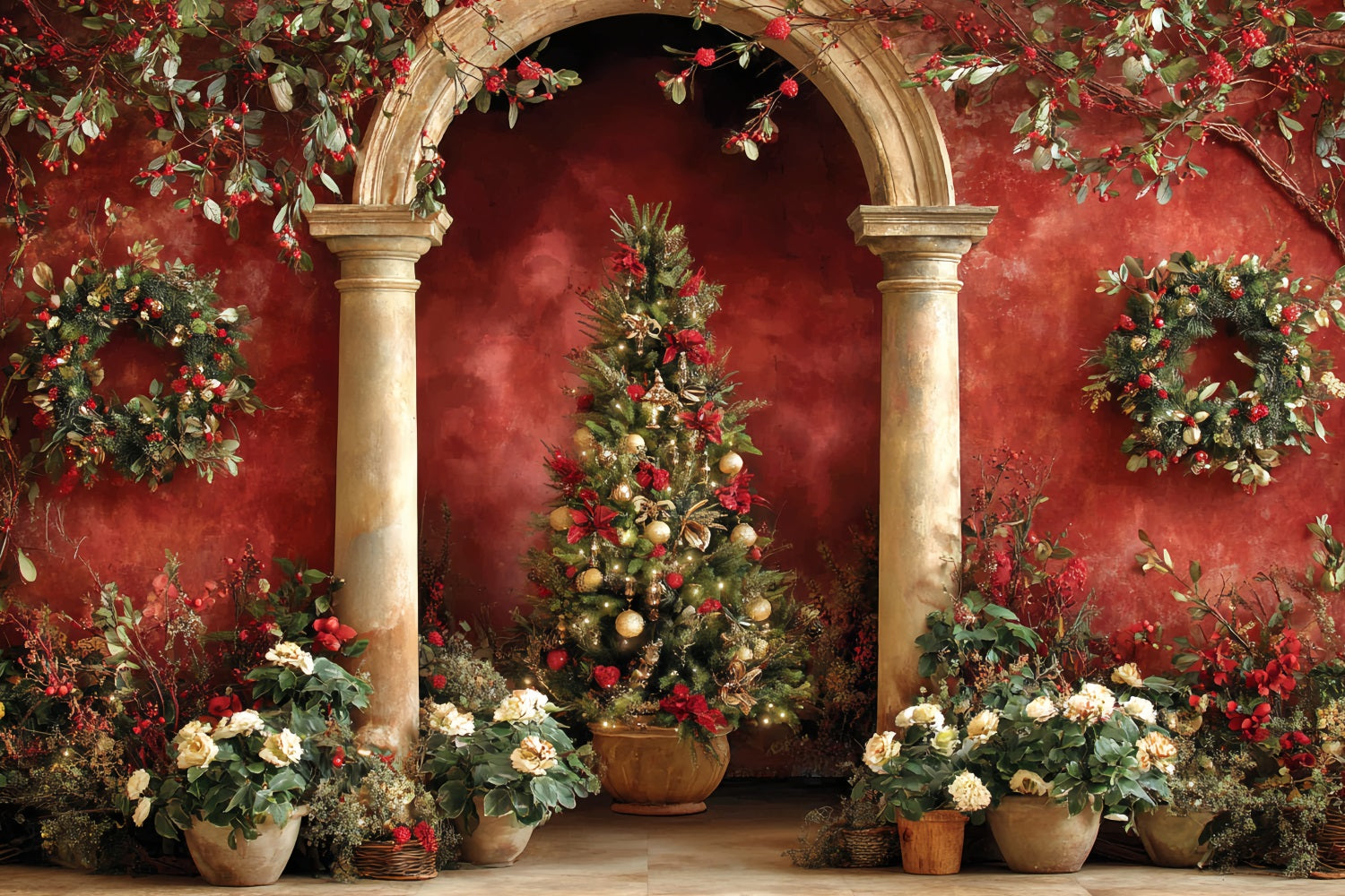 Fond Arbre de Noël Arche rouge Jardin élégant Fonds photo de Noël TWW510-59