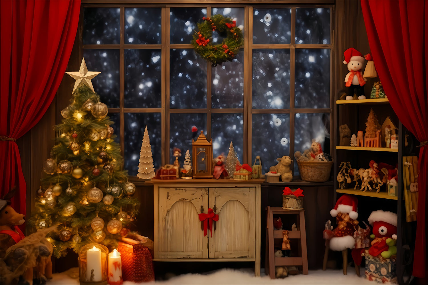 Fond d'atelier du Père Noël Fenêtre confortable Coin jouets Idées de fonds de Noël TWW510-61