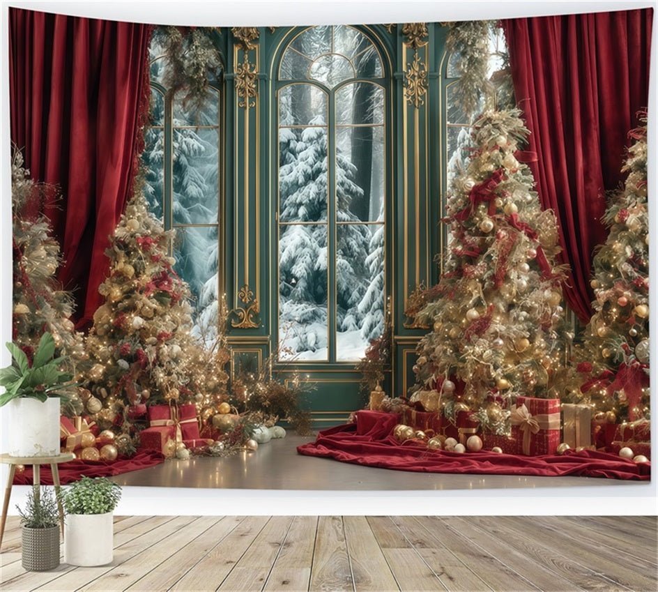 Toile de fond Arbre de Noël Rideau rouge Palais d'hiver Toiles de fond photo de Noël TWW510-67