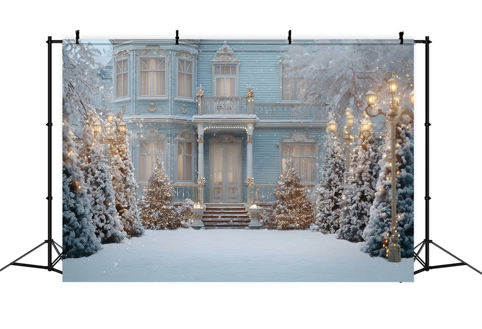 Fond Arbre de Noël Fond de Noël bleu avec manoir victorien en hiver TWW510-70