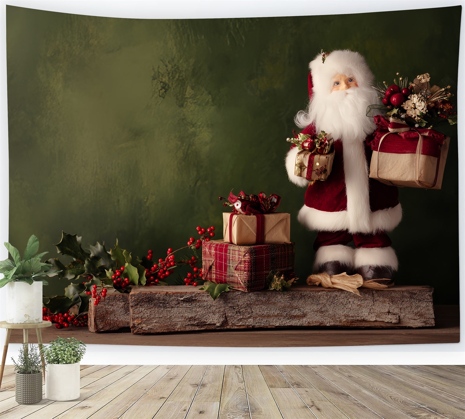 Fond de Noël Fond rustique avec table de cadeaux du Père Noël Fonds de photographie de Noël TWW510-71