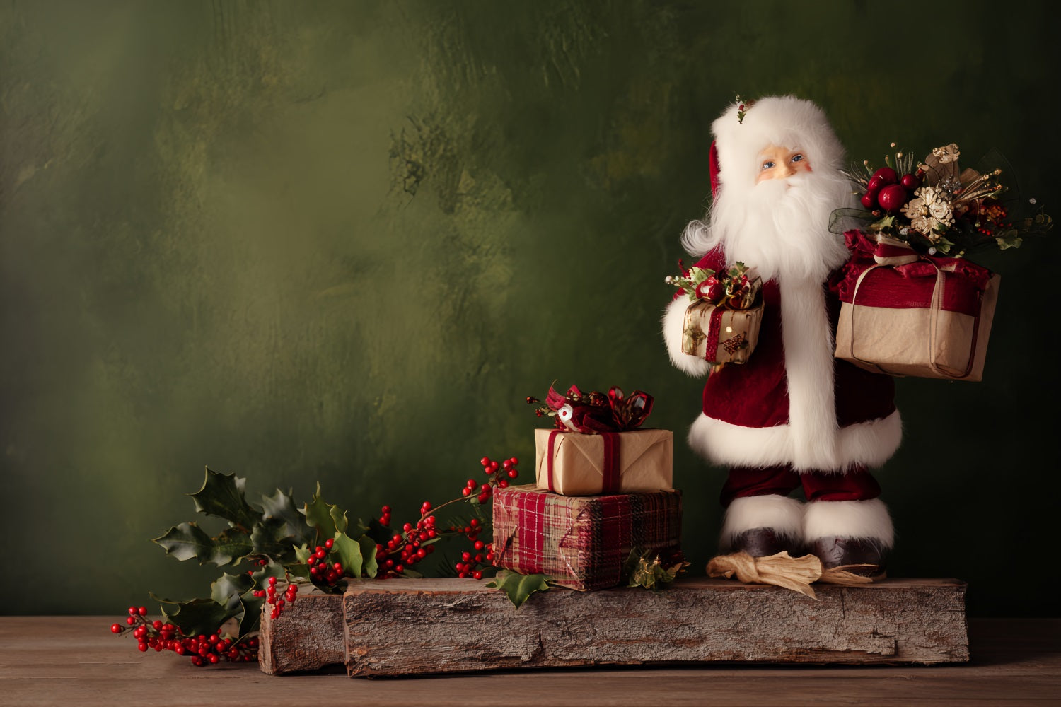 Fond de Noël Fond rustique avec table de cadeaux du Père Noël Fonds de photographie de Noël TWW510-71