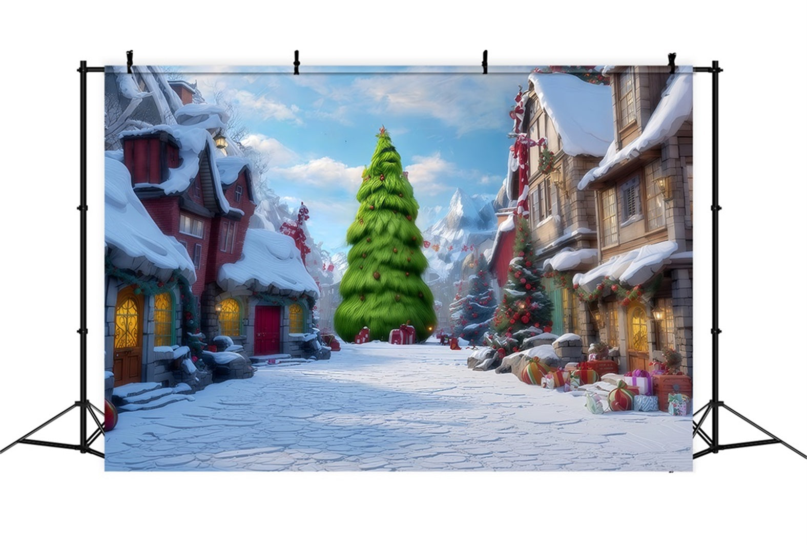 Fonds de scène Grinch Rue enneigée du village de Whoville Fonds de scène de Noël TWW510-73