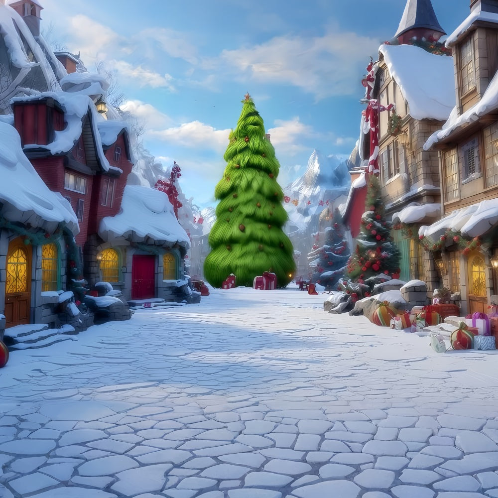 Fonds de scène Grinch Rue enneigée du village de Whoville Fonds de scène de Noël TWW510-73
