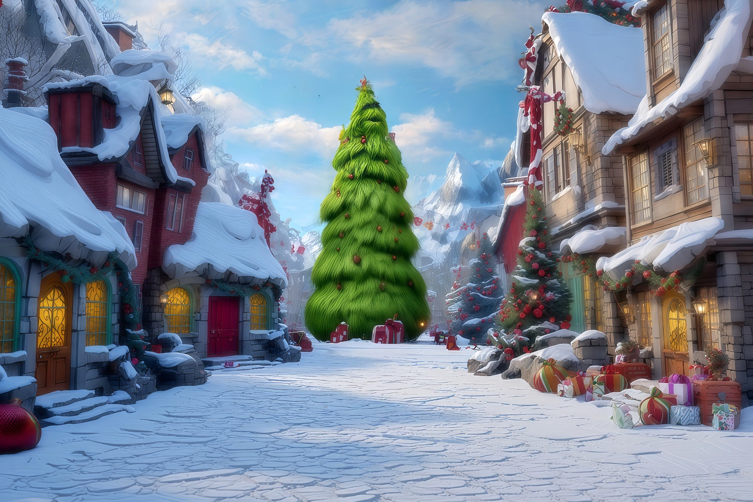 Fonds de scène Grinch Rue enneigée du village de Whoville Fonds de scène de Noël TWW510-73