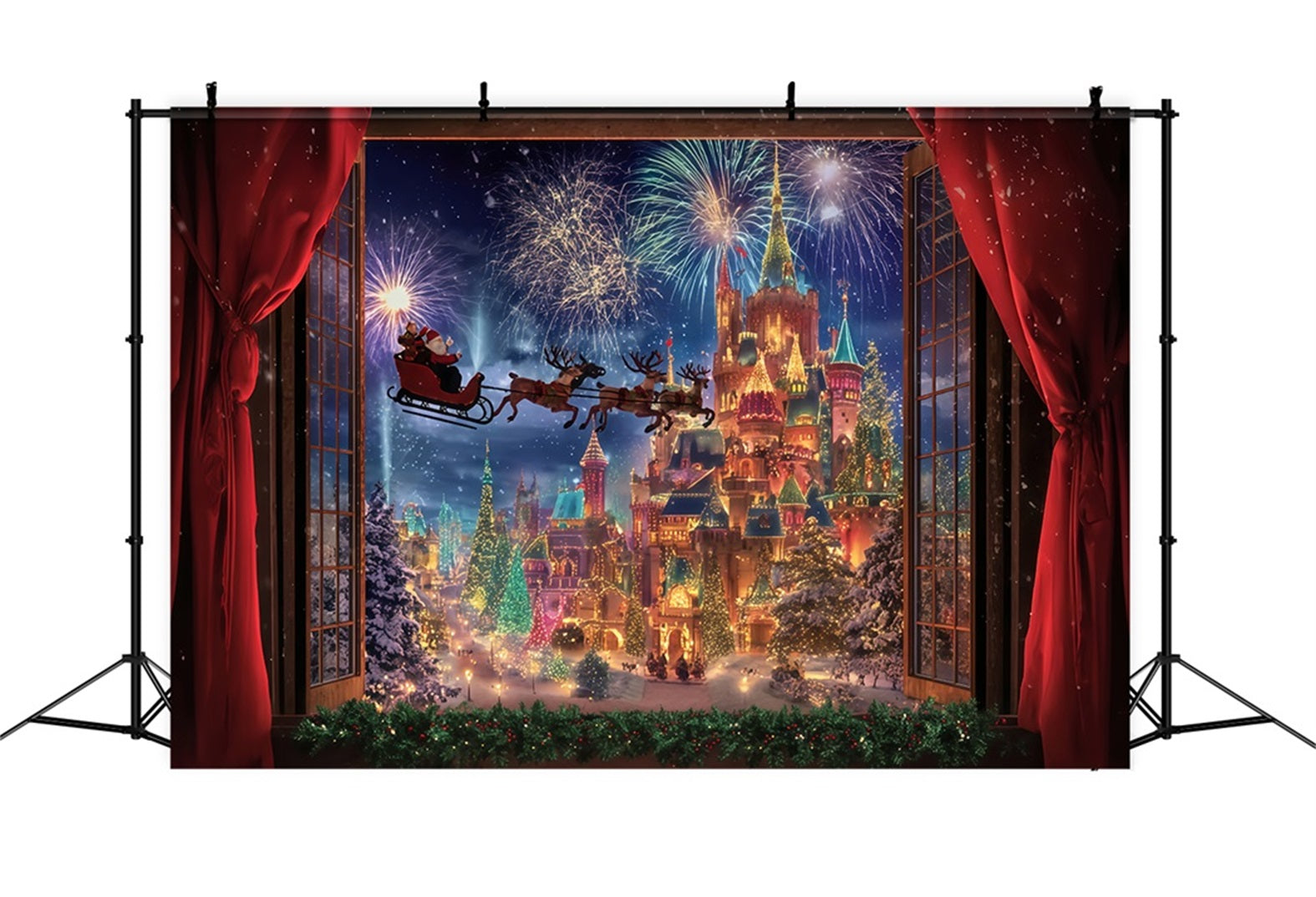 Fond photo du Père Noël Traîneau du Père Noël Feux d'artifice Château Fond de Noël TWW510-78