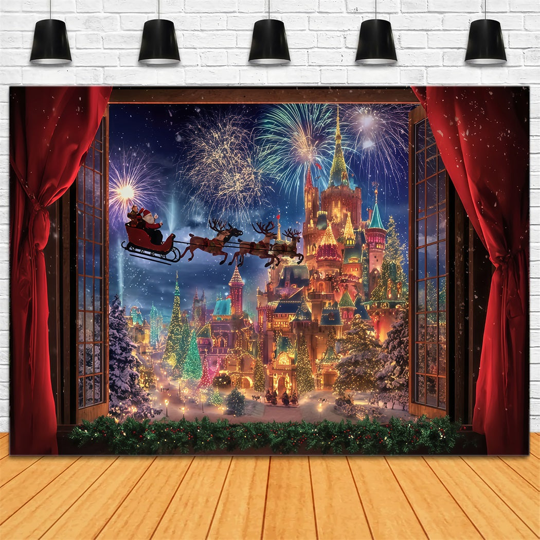 Fond photo du Père Noël Traîneau du Père Noël Feux d'artifice Château Fond de Noël TWW510-78