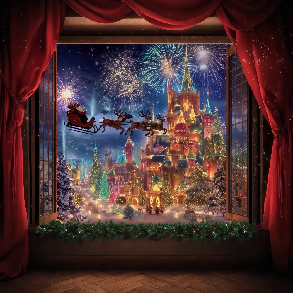 Fond photo du Père Noël Traîneau du Père Noël Feux d'artifice Château Fond de Noël TWW510-78