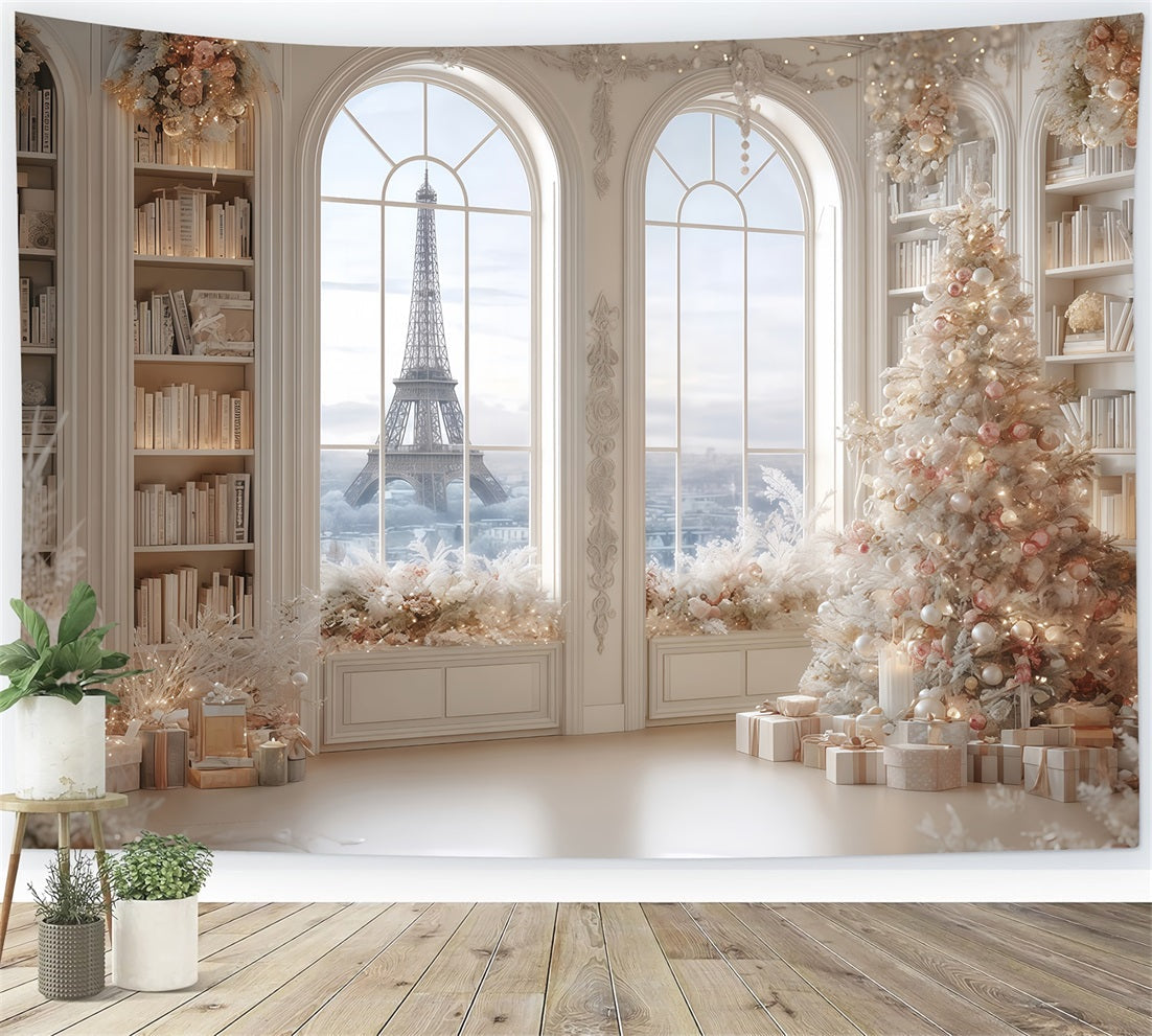 Fond d'arbre de Noël Paris Hiver Bibliothèque élégante Fonds de Noël TWW510-79