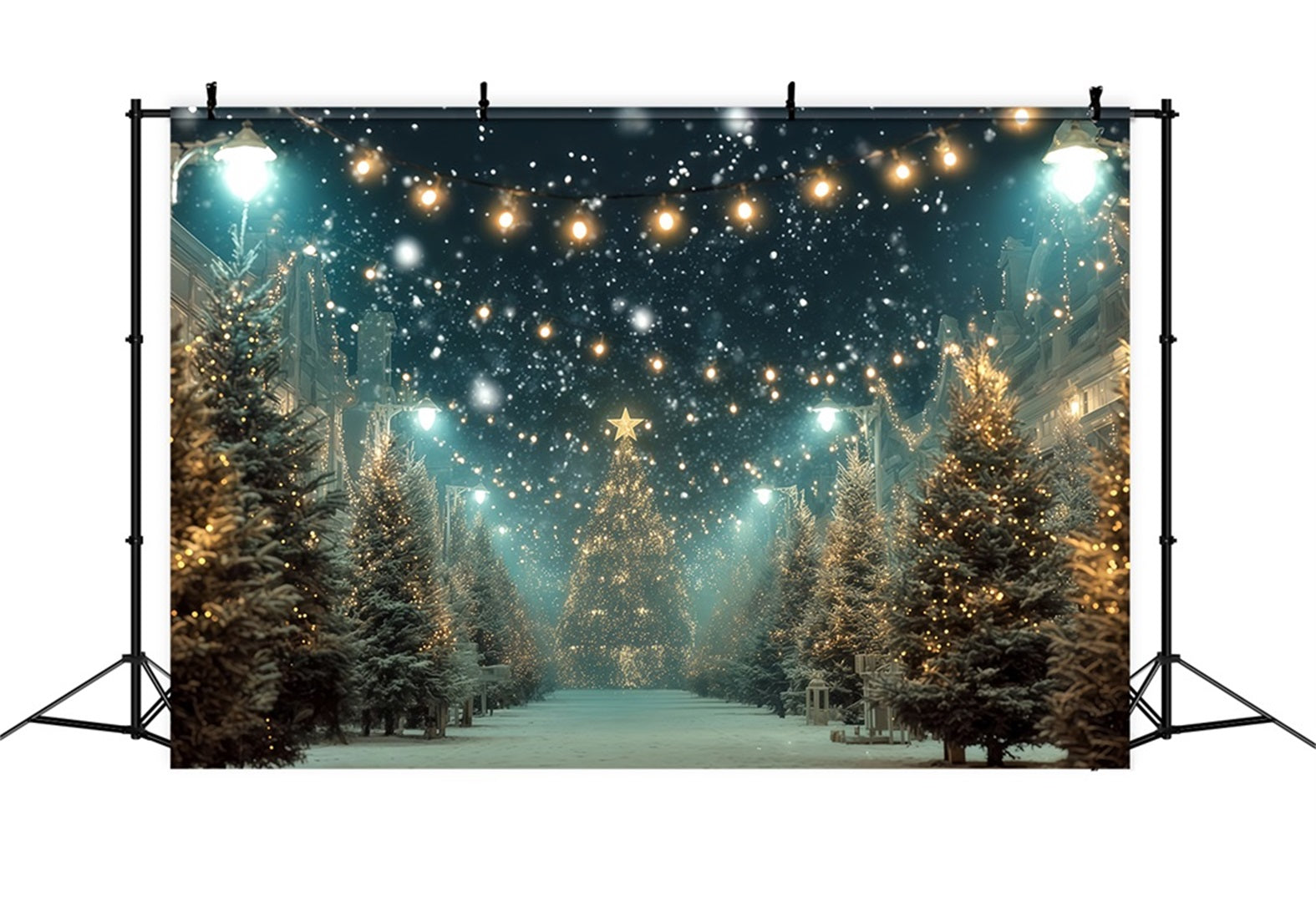 Fond pour sapin de Noël Rue enneigée Lumières dorées Fond photo de Noël TWW510-82