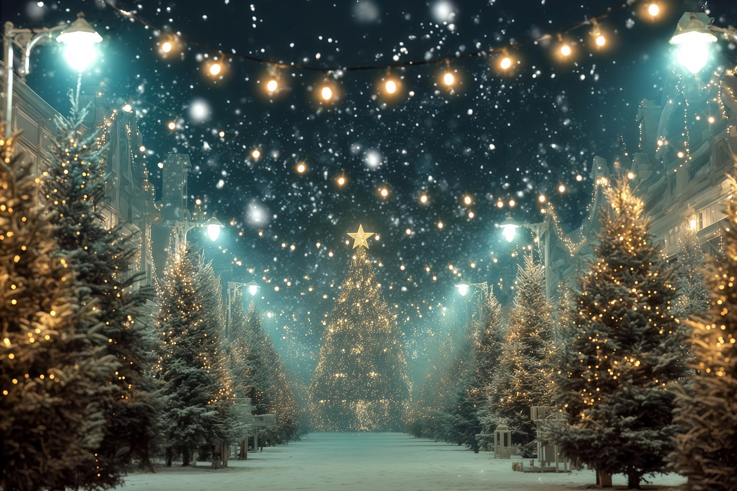 Fond pour sapin de Noël Rue enneigée Lumières dorées Fond photo de Noël TWW510-82
