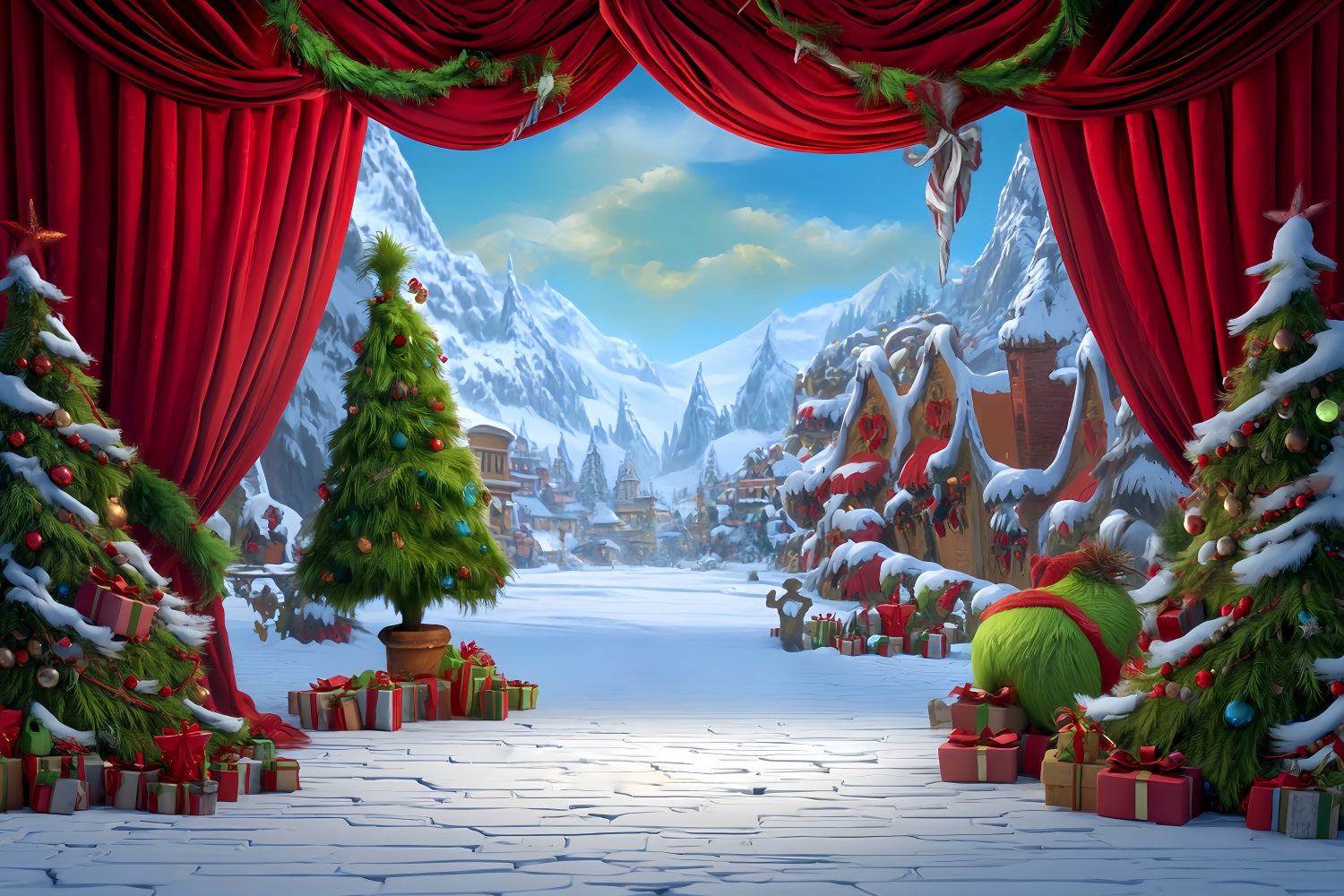 Fond Grinch Whoville Scène festive d'hiver Fonds photo de Noël TWW510-83