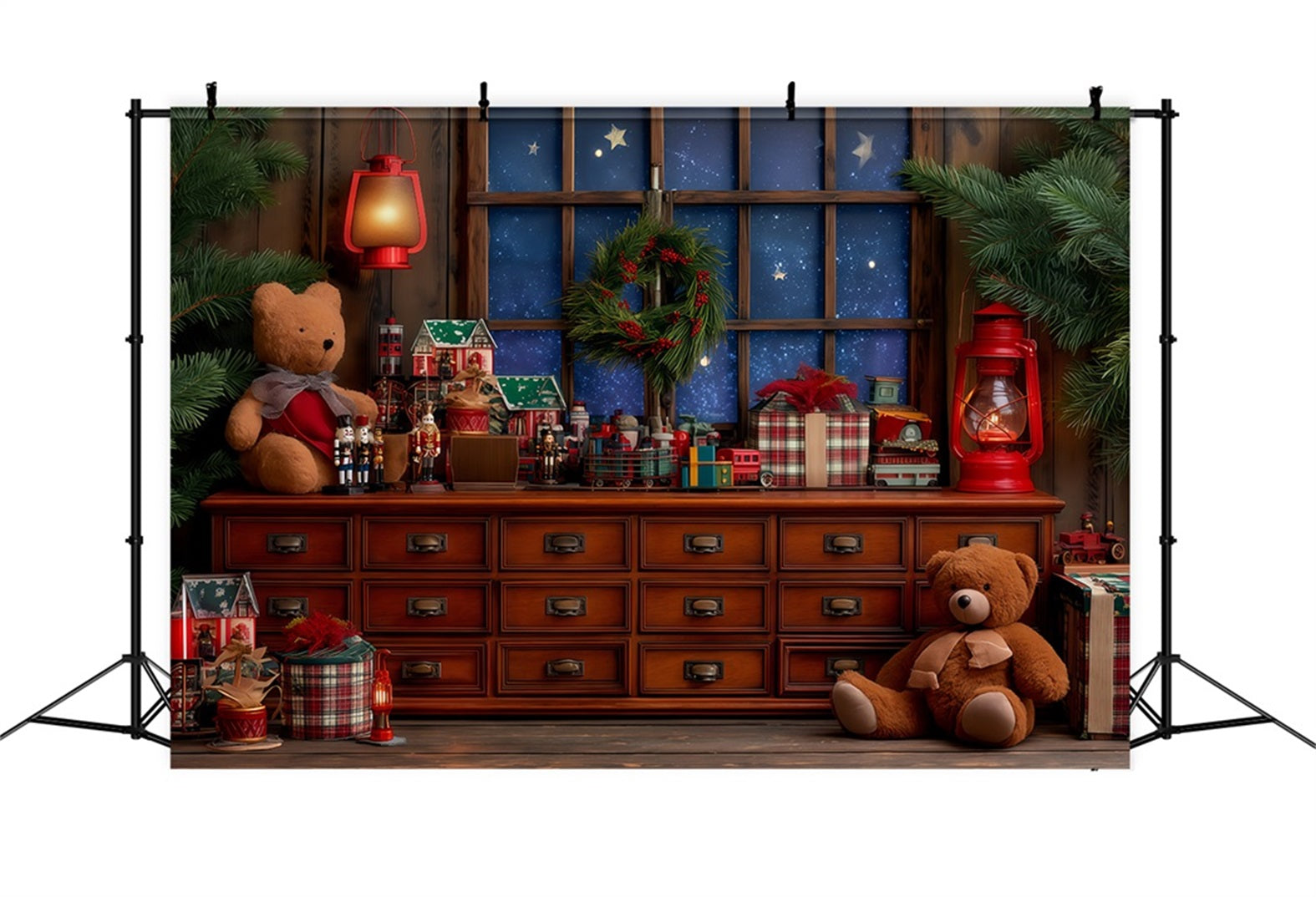 Fond de scène Atelier du Père Noël Atelier de jouets confortable Fenêtre Fonds de scène de Noël TWW510-87