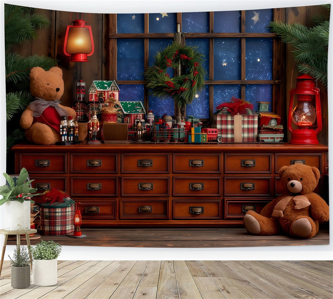 Fond de scène Atelier du Père Noël Atelier de jouets confortable Fenêtre Fonds de scène de Noël TWW510-87