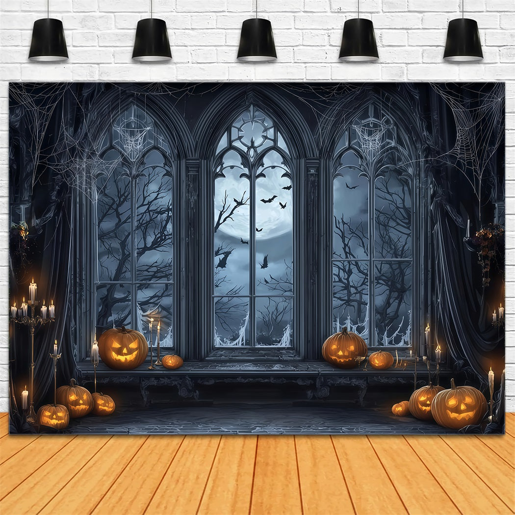 Fond chauve-souris d'Halloween Fenêtre gothique Citrouilles au clair de lune Fond photographique d'Halloween TWW510-9